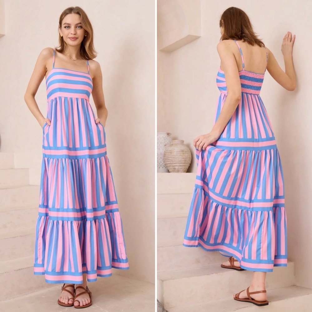 Coastal Stripe Smocked Maxi Dress Pink Blue Euro Summer Size 4